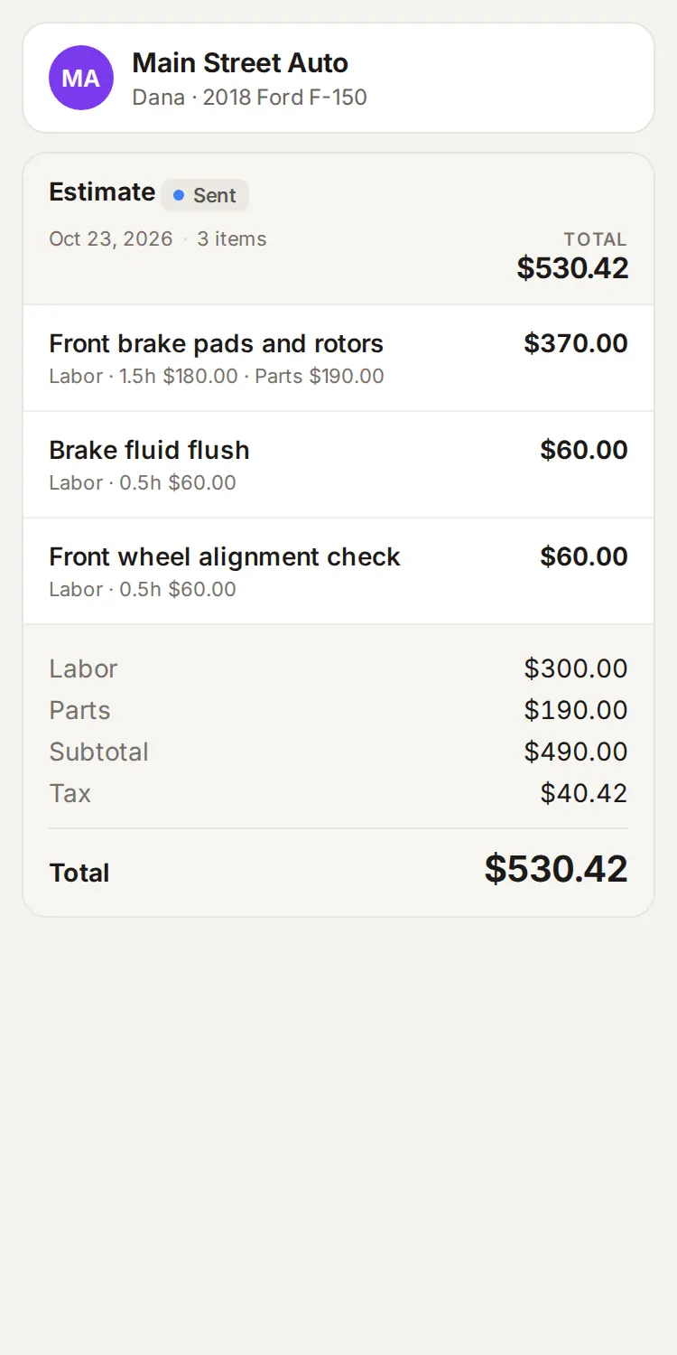 Main Street Auto estimate for Dana's 2018 Ford F-150 after it is sent, with line items and totals