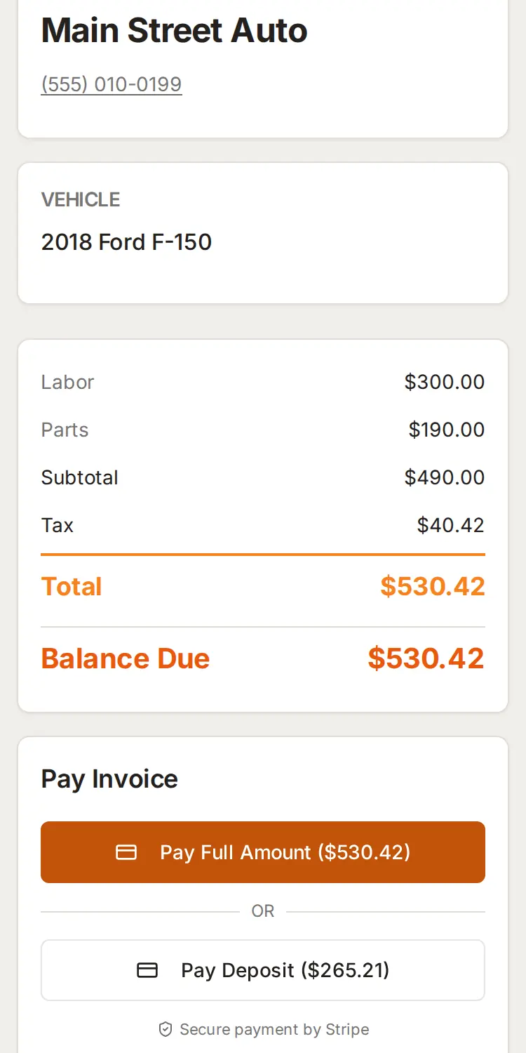 Main Street Auto invoice for Dana's 2018 Ford F-150 with pay buttons and totals